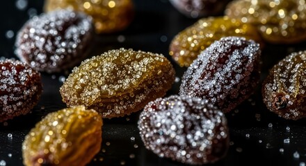 Close-Up Composition of Glistened Raisins with Sparkling Sugar Crystals on a Black Surface