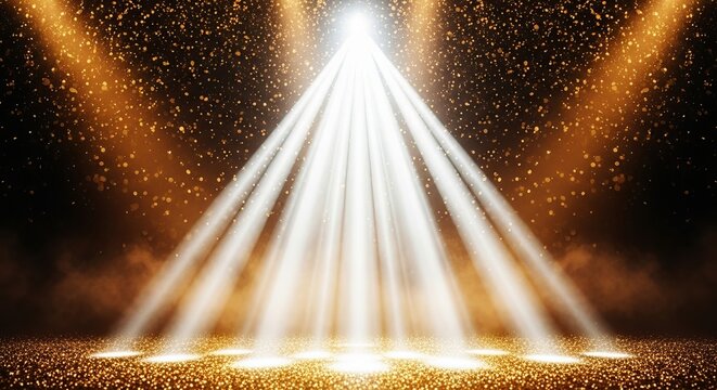 Bright white spotlight, stage, concert, performance, show, illuminate a cheering crowd with golden confetti falling from above on a dark stage