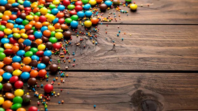 Colorful assorted candies and sprinkles bordering weathered wooden surface, creating a vibrant sweets confectionery background.