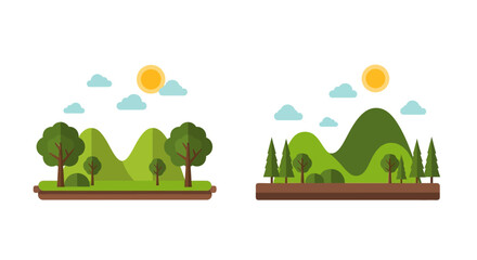 Obraz premium Vibrant nature landscapes, cartoonish style with mountains, sun and clouds set in a simple design