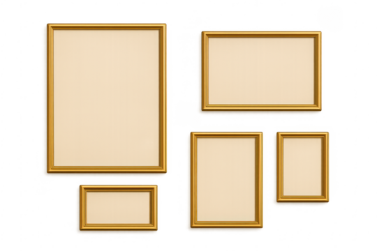 Empty gold picture frames creating gallery wall mockup