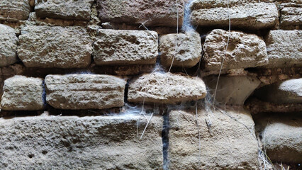 Silent heritage wall of fort with thin spider threads