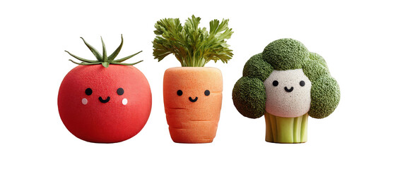 Playful plush vegetables including a tomato, carrot, and broccoli with cheerful faces