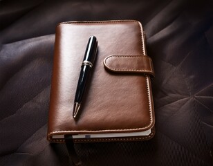 leather journal notebook with pen on soft fabric surface for writing journaling and creative