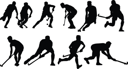 hockey sport action silhouette set collection showing players in motion, stick handling, shooting, and goalie poses for athletic design themes 