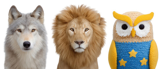 Realistic animal portraits featuring a wolf, lion, and an owl toy against a plain background