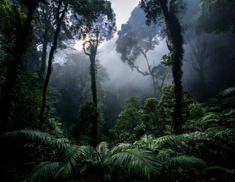 a dense dark rainforest canopy shrouded in mist with ominous shadows and a sense of lurking danger the air hangs heavy with humidity and the threat of unseen predators ecosystem danger dark
