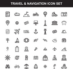 Travel and navigation icon set isolated on white background, with icons for airplane, car, map, suitcase, and destination symbols