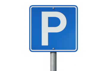 Blue parking sign showing letter p on metal pole indicating a designated area for vehicle parking, transparent background