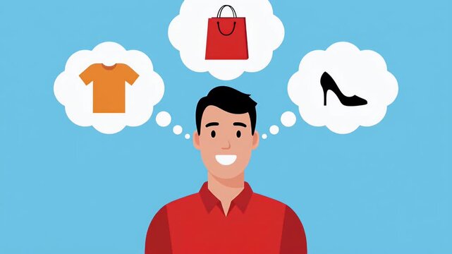 Animated Man Surrounded By Thought Bubbles of Clothing Accessories Against Blue Backdrop