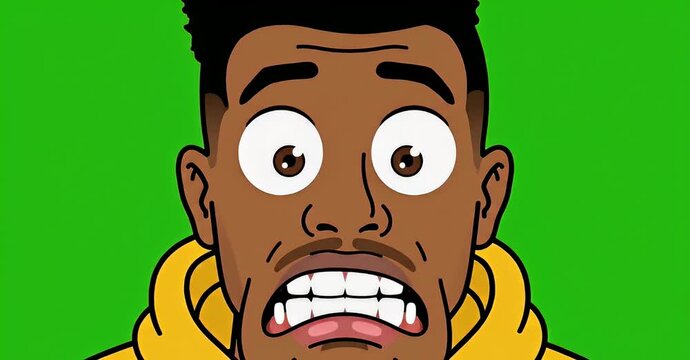Cartoon man with wide eyes and a scared expression on a green background.