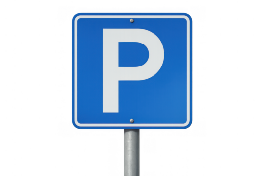 Blue parking sign showing letter p on metal pole indicating a designated area for vehicle parking, transparent background