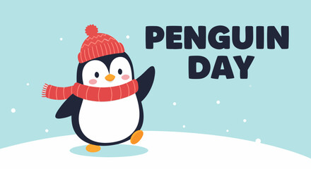 Celebrating Penguin Day with cute penguin in winter hat and scarf, adorable penguin on Penguin Day. Festive Penguin Day artwork includes a cartoon penguin character, snowy ground.