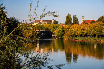 Autumnal panorama of the German city of T&uuml;bingen at the Neckar River