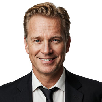 Professional headshot portrait of a smiling middle-aged man in a suit isolated on transparent background