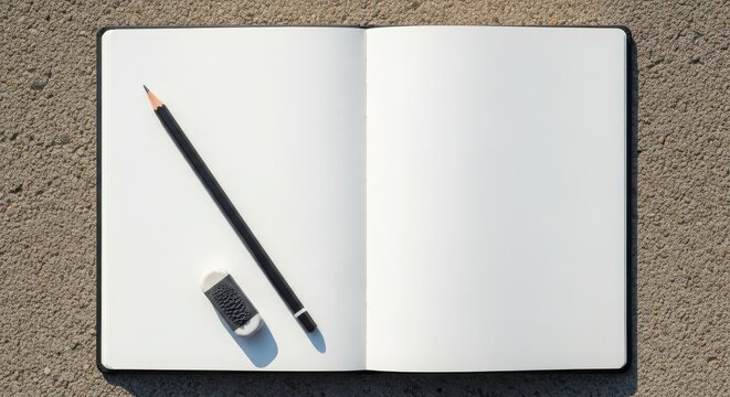 Open sketchbook with blank pages, a pencil and eraser, perfect for creative projects and showcasing design ideas