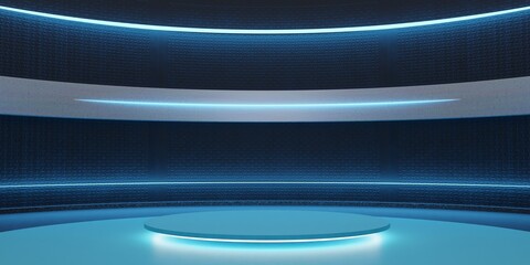 Modern showroom, circular stage and neon lights, technology background, 3D illustration