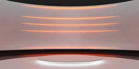 Modern showroom, circular stage and neon lights, technology background, 3D illustration