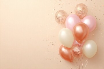 Peach Background with pink white balloons, sparkles for celebration party. Shiny balloons bunch. Festive light beige plain backdrop. Horizontal banner. Birthday decoration. Space for greeting text
