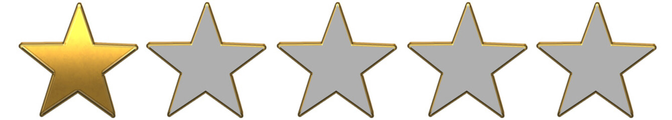 Shiny golden one star realistic 3D rating review PNG with transparent background, metallic feedback badge showing low quality, poor satisfaction, and minimal rating score symbol design