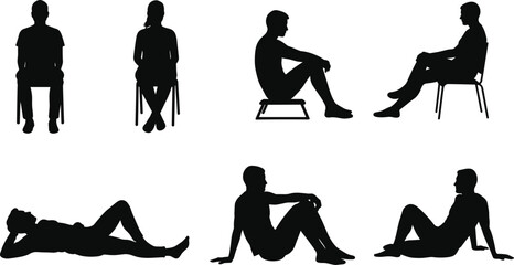 People Human Silhouette Sitting Reclining Chair Stool Floor Relax Gesture Posture Lifestyle Casual Rest Pose Conversation Body Language Vector Outline Drawing Illustration Art