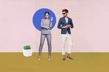 Exclusive magazine sketch collage image of happy businesswoman businessman stand office workplace tablet flower pot development