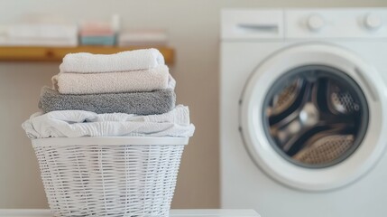 Neatly Folded Baby Onesies on Wooden Table in Modern Laundry Room