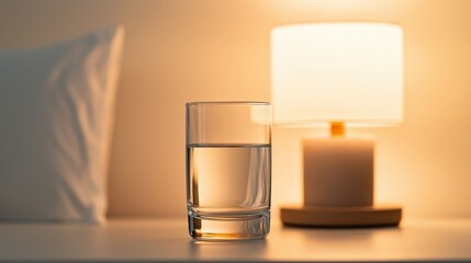 Glass of Water on Bedside Table with Soft Lamp Glow