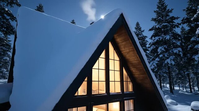 Low-angle, long exposure captures a snow-covered A-frame cabin emitting warm light from large windows in a dark, blue-toned forest at night under a bright moon.