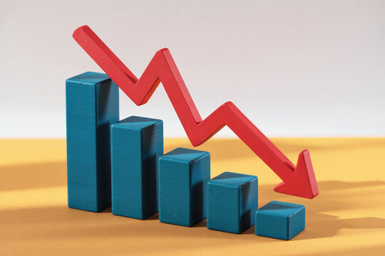 Declining bar graph with red arrow indicating decrease in sales or performance