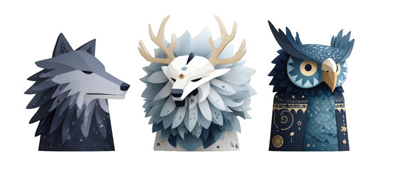 Stylized animal sculptures featuring a wolf, deer, and owl in a minimalist design, showcasing intricate details and vibrant colors