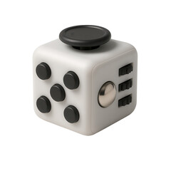 White fidget cube with black buttons for stress relief