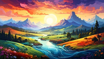 Colorful Mountain Valley Sunset Landscape.