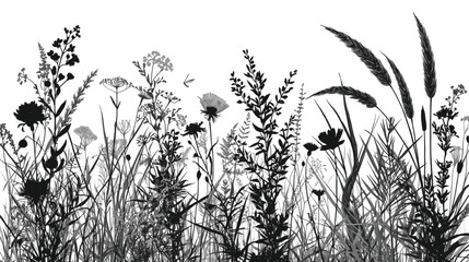 Black Silhouette of Wild Grasses and Flowers nature