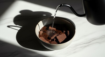 Coffee pouring over chocolate squares