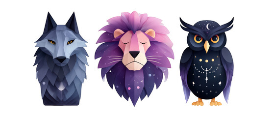 Stylized geometric representations of a wolf, lion, and owl against a transparent background
