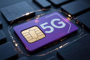 Close Up of 5G SIM Card on Dark Background with Glowing Lines for High Speed Mobile Network
