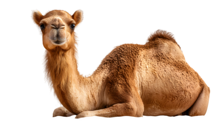 Arabian camel resting on sand, long eyelashes and hump visible, desert mammal, isolated on white background