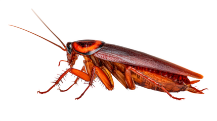 American cockroach close-up, reddish-brown body with visible legs and antennae, isolated on white background