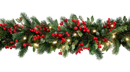 Christmas garland of green pine with berries and lights, holiday decoration, isolated on white background