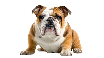 Obraz premium English bulldog sitting forward, wrinkled face and stocky build, isolated on white background