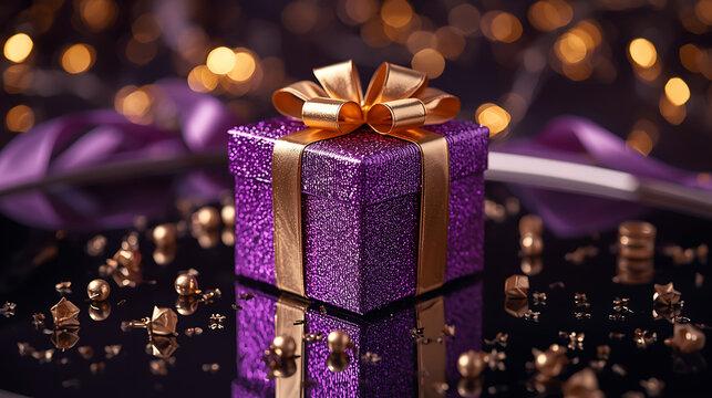 luxurious purple gift box with golden ribbon on festive background
