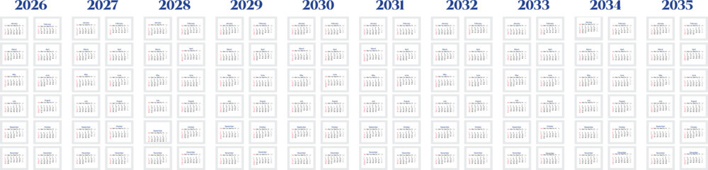 2026-2035 Vertical Vector Calendar Editable 10 Year Planner Printable Minimalist Design for Office and Personal Use