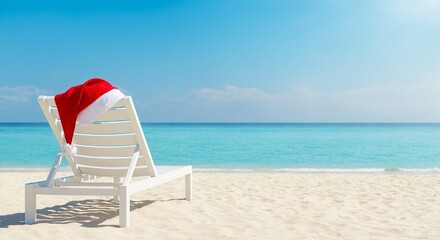 Santa hat on white lounge chair at tropical beach under blue sky