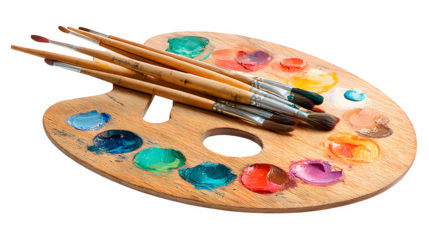 artist?? wooden palette with colorful paint blobs and brushes, creative art tool, isolated on white background