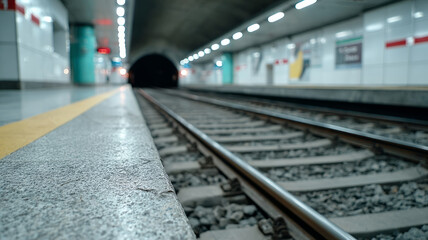 Fototapeta premium Empty subway station with railway tracks leading into tunnel.