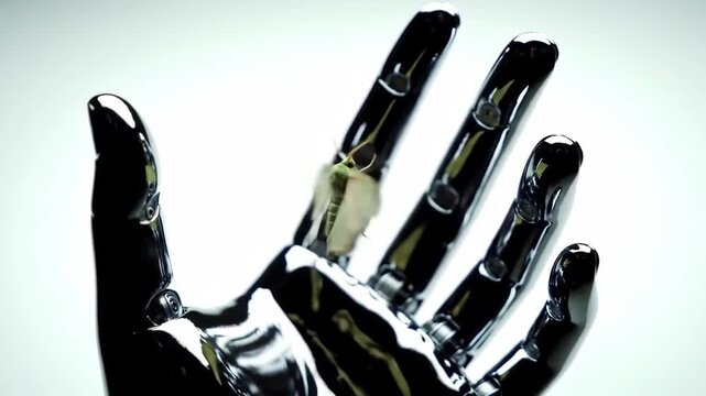 Nature Meets Technology A Delicate Moth on a Cyborg Hand.