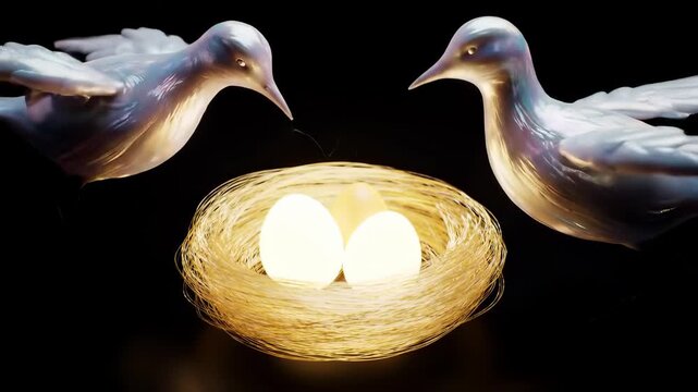 Parents: Abstract birds provide tender nurture and protection for two glowing eggs in a golden nest, symbolizing family, love, hope, and new life.