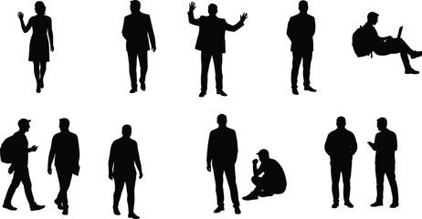 People Human Silhouette Standing Walking Talking Sitting Laptop Suit Dress Briefcase Gesture Professional Casual Lifestyle Pose Vector Outline Drawing Illustration Art