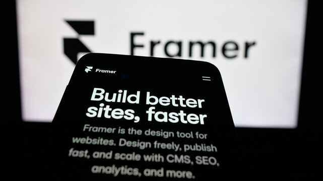 Stuttgart, Germany - 10-27-2025: Mobile phone with website of Dutch design platform company Framer B.V. on screen in front of logo. Focus on top-left of phone display.